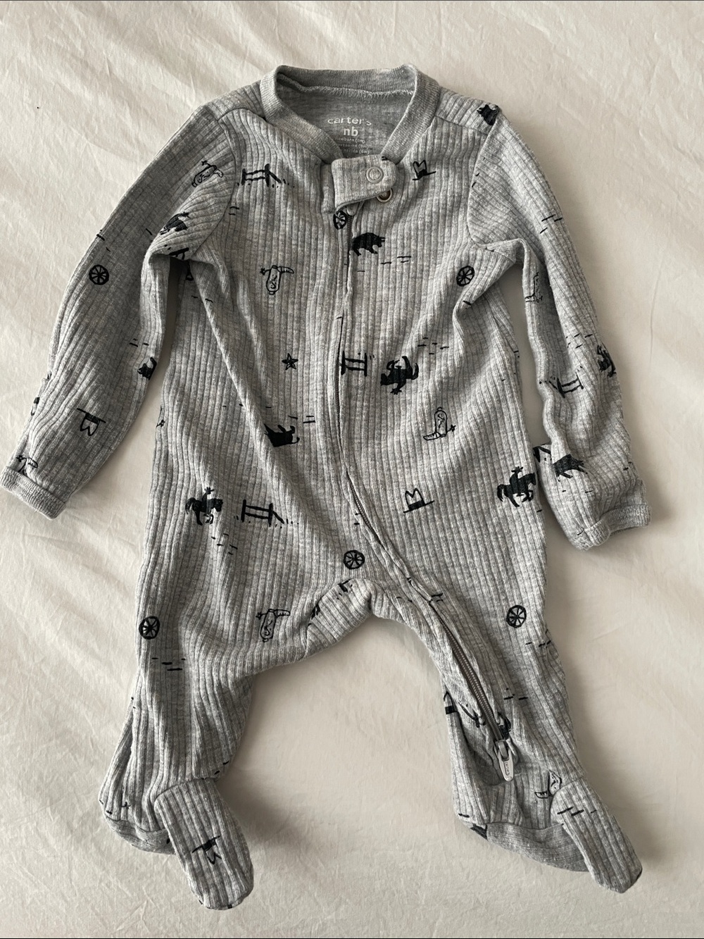 Carter's Light Gray Ribbed Zip Footed Baby One-Piece with Black Western Prints